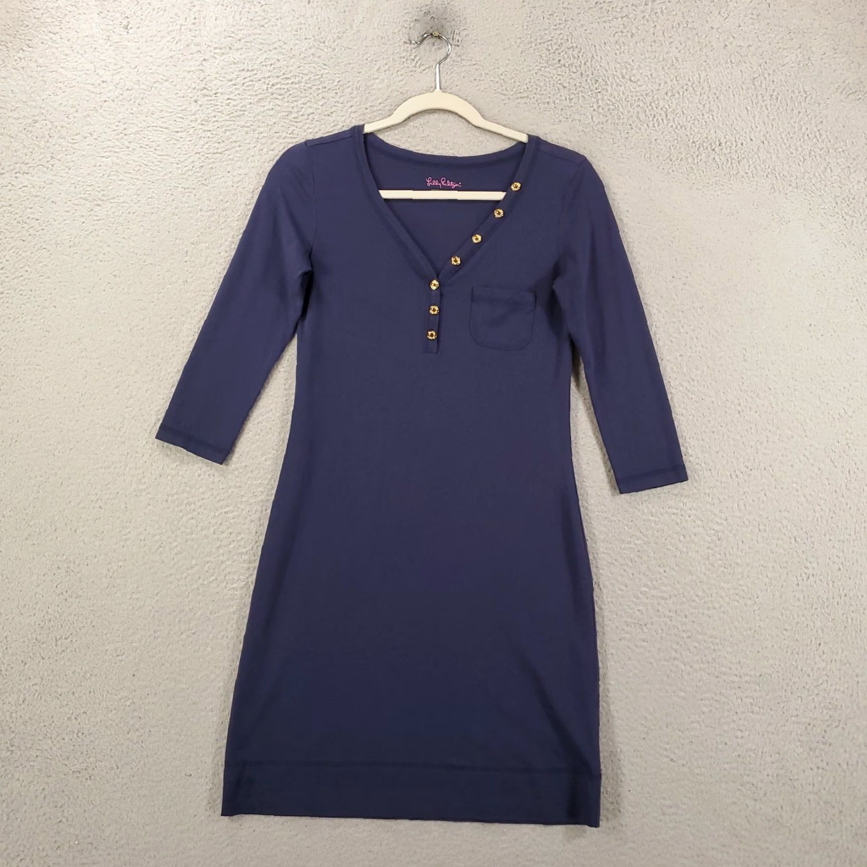 Lilly Pulitzer VINTAGE Lilly Pulitzer Dress Women XS Blue Solid Short Sleeve V-Neck Pullover Stretch Casual Party Mini Size XS / US 0-2 / IT 36-38 - 2 Thumbnail