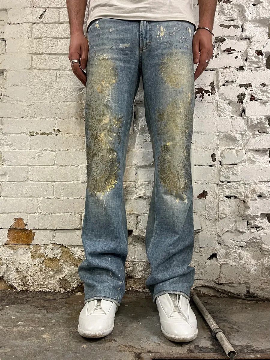 Just Cavalli SS2006 Cavalli Gold Embellished Light Blue Distressed Jeans Size US 30 / EU 46 - 1 Thumbnail