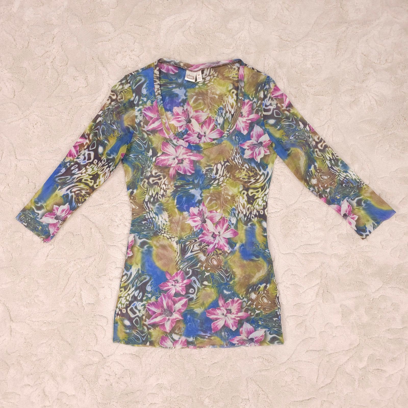 Other Vintage Johnny Heaven Y2K Floral Mesh Top Sz Extra Large Size XL / US 12-14 / IT 48-50 - 5 Thumbnail
