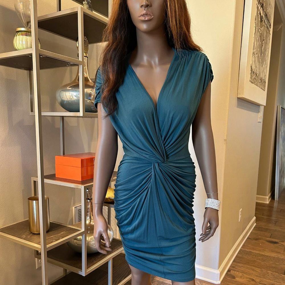 Designer Akiko Teal Green Ruched Dress Size M / US 6-8 / IT 42-44 - 2 Thumbnail