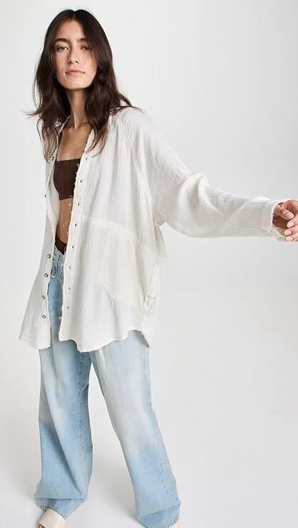 Free People Free People Summer Daydream Button Shirt Ivory ( L ) Size L / US 10 / IT 46 - 1 Thumbnail