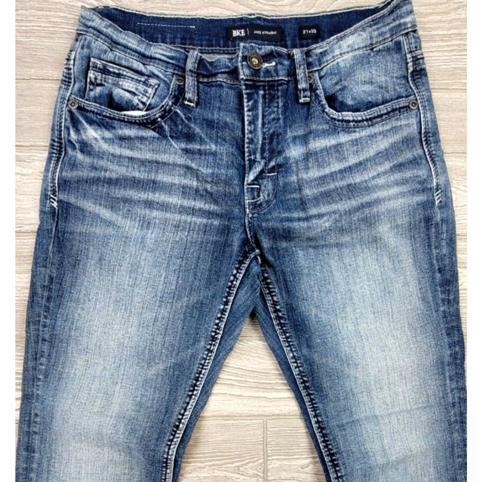 BKE BKE Jake Straight Jeans Men 31x27 Blue Denim Stretch Medium Wash Distressed Fade Regular Mens Size US 31 - 3 Thumbnail