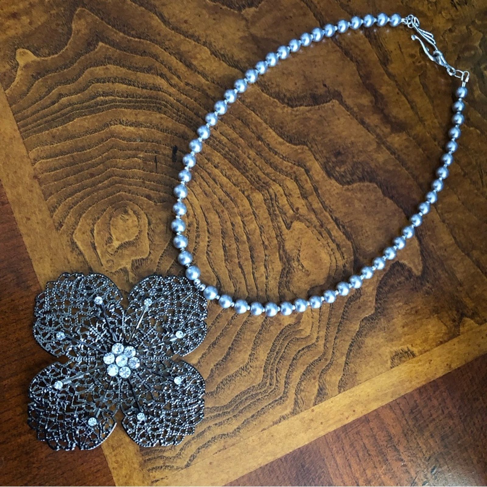 Handmade Handcrafted repurpose large filigree floral Pearl necklace Size ONE SIZE - 9 Thumbnail