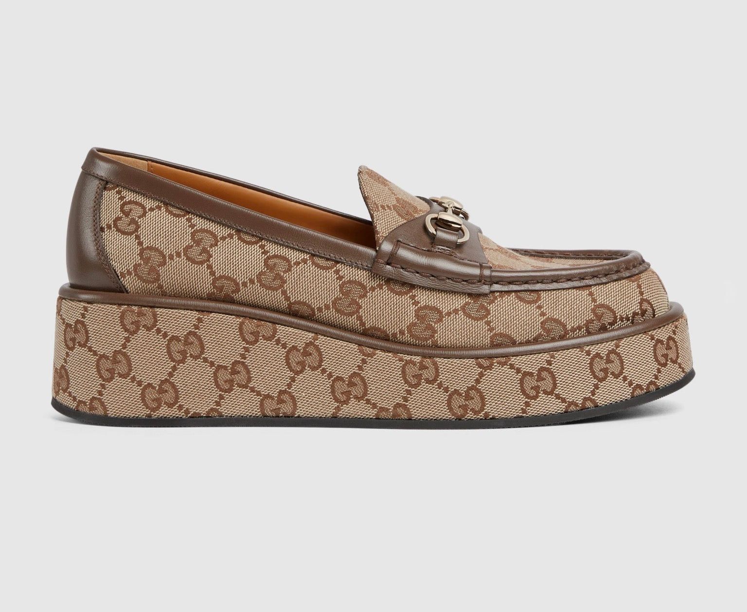 Gucci Horsebit GG Canvas Wedge Loafers SIZE 37.5