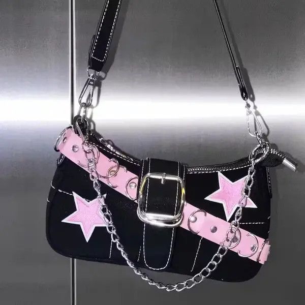Japanese Brand Harajuku Pink Star Metal Chain Women Totebag Size ONE SIZE - 3 Thumbnail