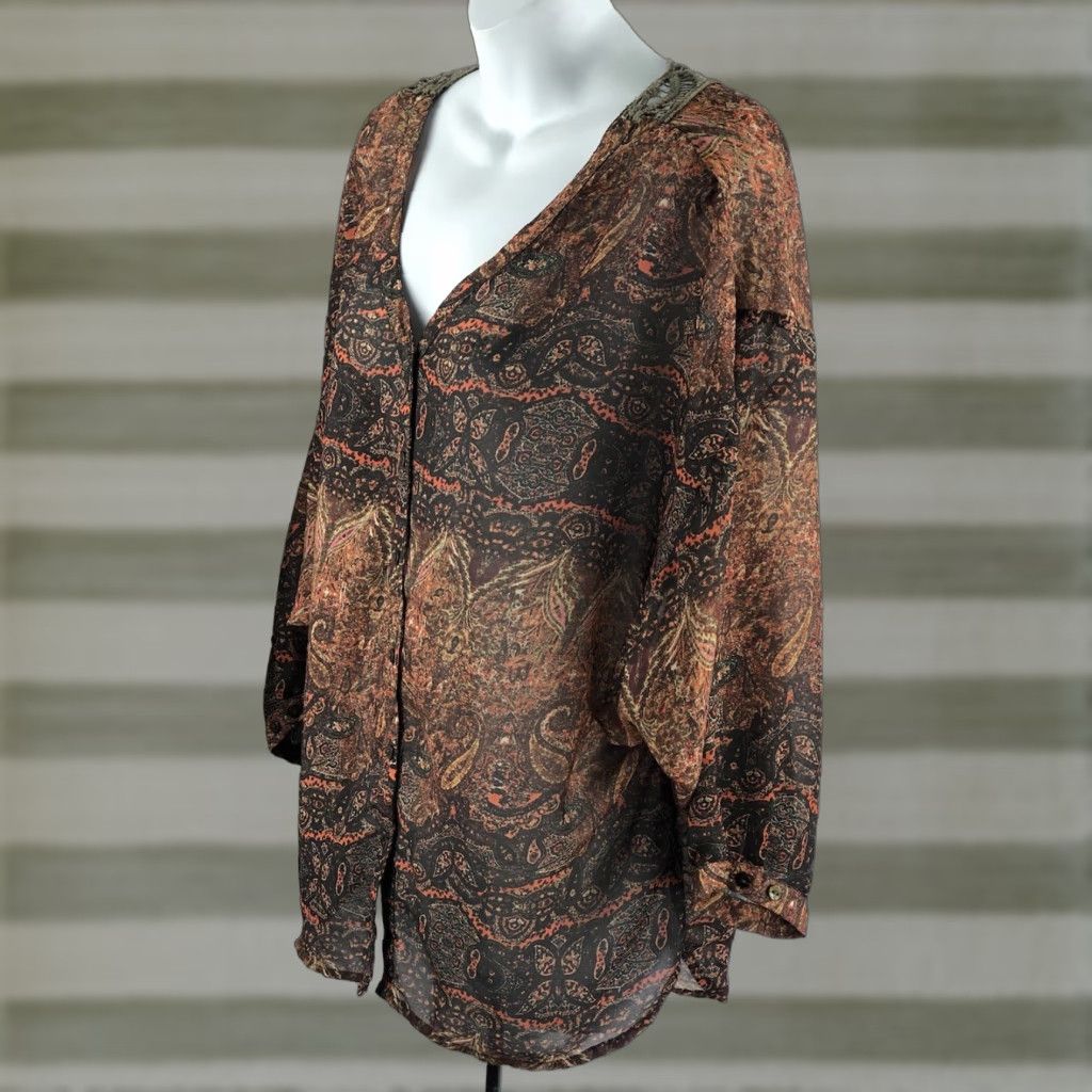 Etro VINTAGE Jeans by buffalo Blouse Brown Crochet Back Dolman Sleeve BoHo Fairy Grunge Semi Sheer Top M1940s? Size M / US 6-8 / IT 42-44 - 1 Thumbnail