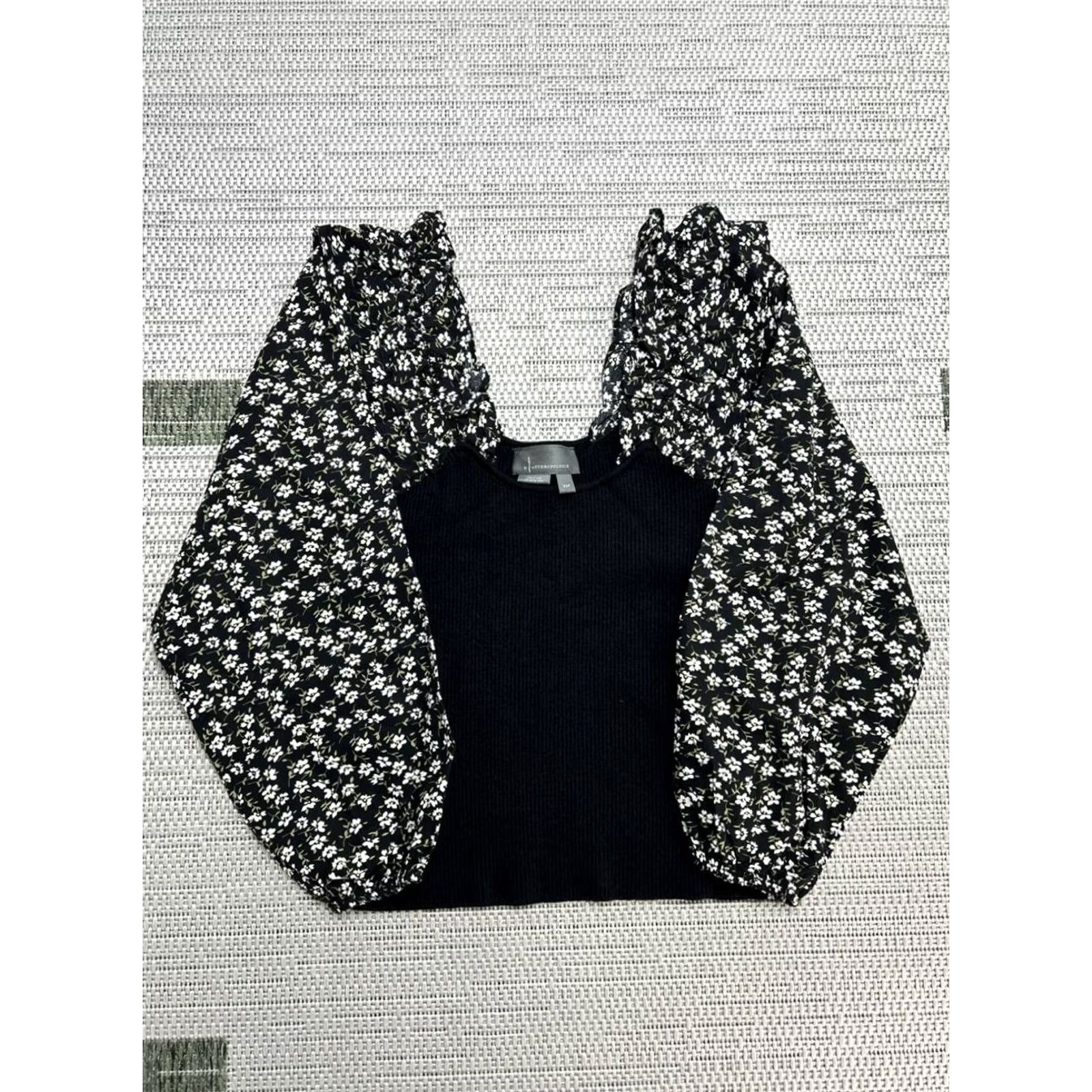 Anthropologie Anthropologie Sweater Womens PXS Black Woven Ruffle Sleeve Ditsy Floral Ribbed Size XS / US 0-2 / IT 36-38 - 2 Thumbnail