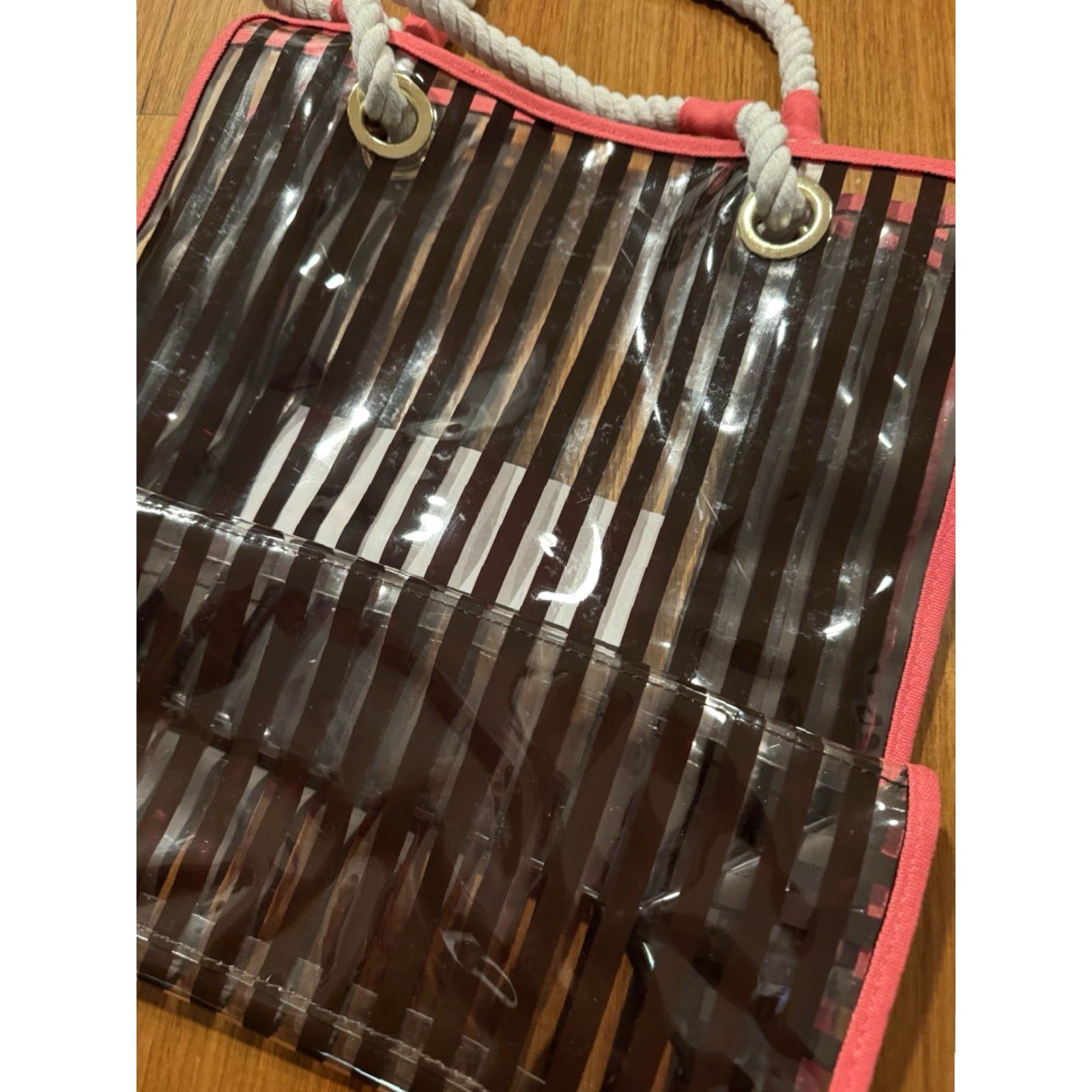 Henri Bendel VINTAGE Henri Bendel Tote Bag Womens Canvas Trimmed Tote Pink Brown White Stripe Medium Size ONE SIZE - 7 Thumbnail
