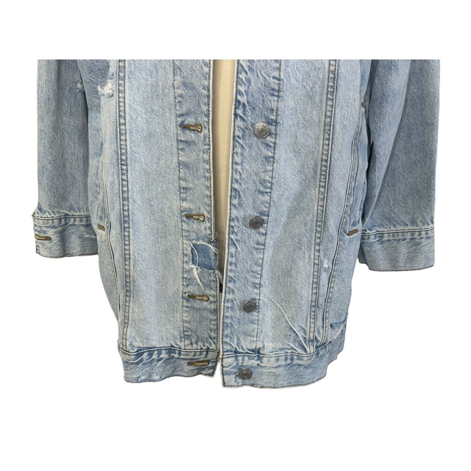 American Eagle Outfitters Japanese TIGER Sunset Retro Distressed Denim Jacket Sz SP Size XS / US 0-2 / IT 36-38 - 5 Thumbnail