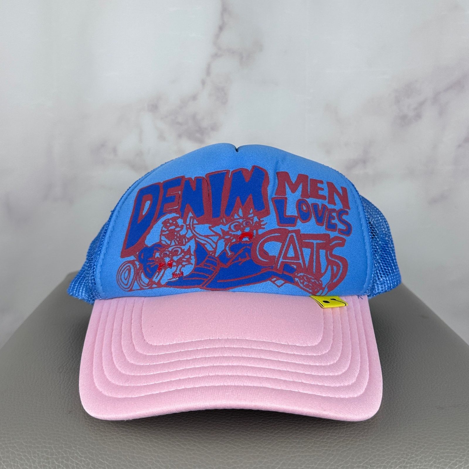 Kapital ‘Denim Men Loves Cats’ Pink/Blue Trucker Hat Size ONE SIZE - 1 Thumbnail