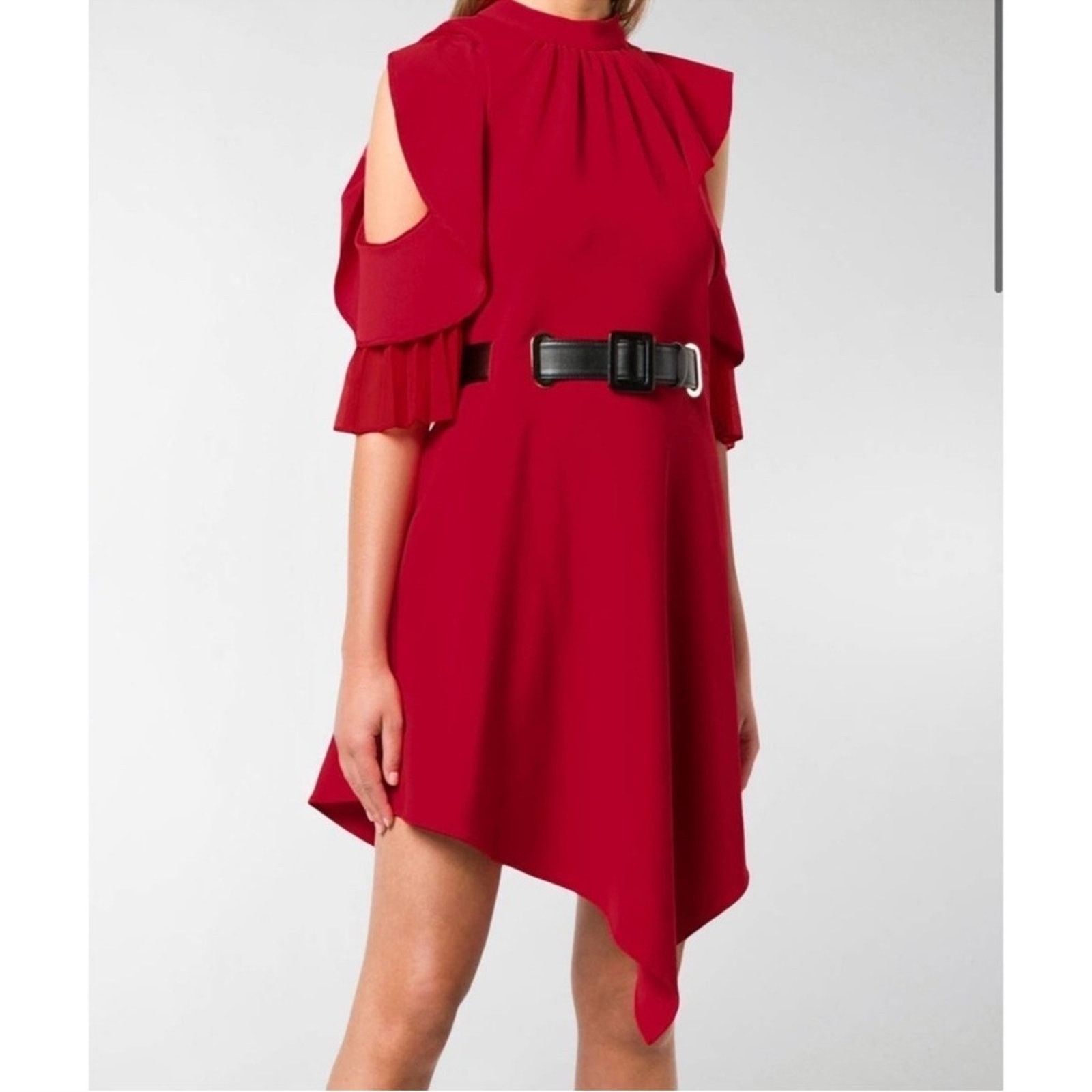 Self-Portrait Self-Portrait Asymmetrical Jersey Red Ruffled Sleeve Dress 4 Size S / US 4 / IT 40 - 9 Thumbnail
