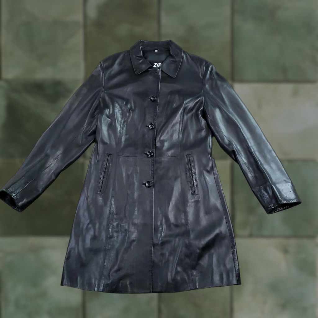 ZIP Alta Moda Firenze Coat Womens 46 Large Black Leather Made Italy Long Coat