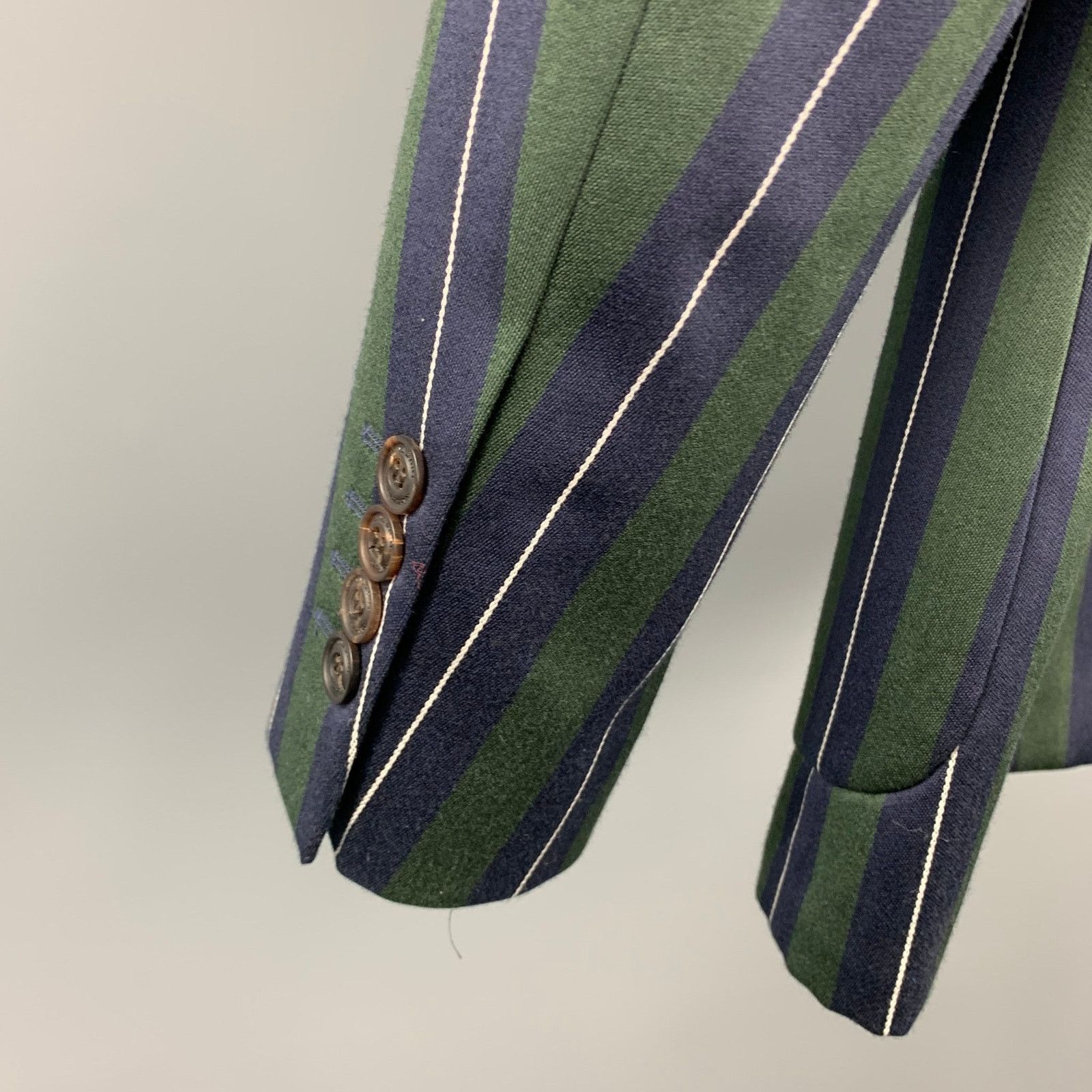 Burberry Regular Green & Navy Vertical Stripe Wool/Cotton Notch Lapel Size 36R - 4 Thumbnail