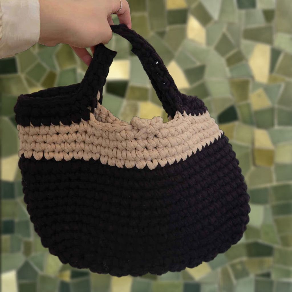 Vintage VINTAGE handcrafted navy blue cream woven knit purse satchel bag Medium Blue Bohemian cotton knit handbag Womens Size ONE SIZE - 1 Thumbnail