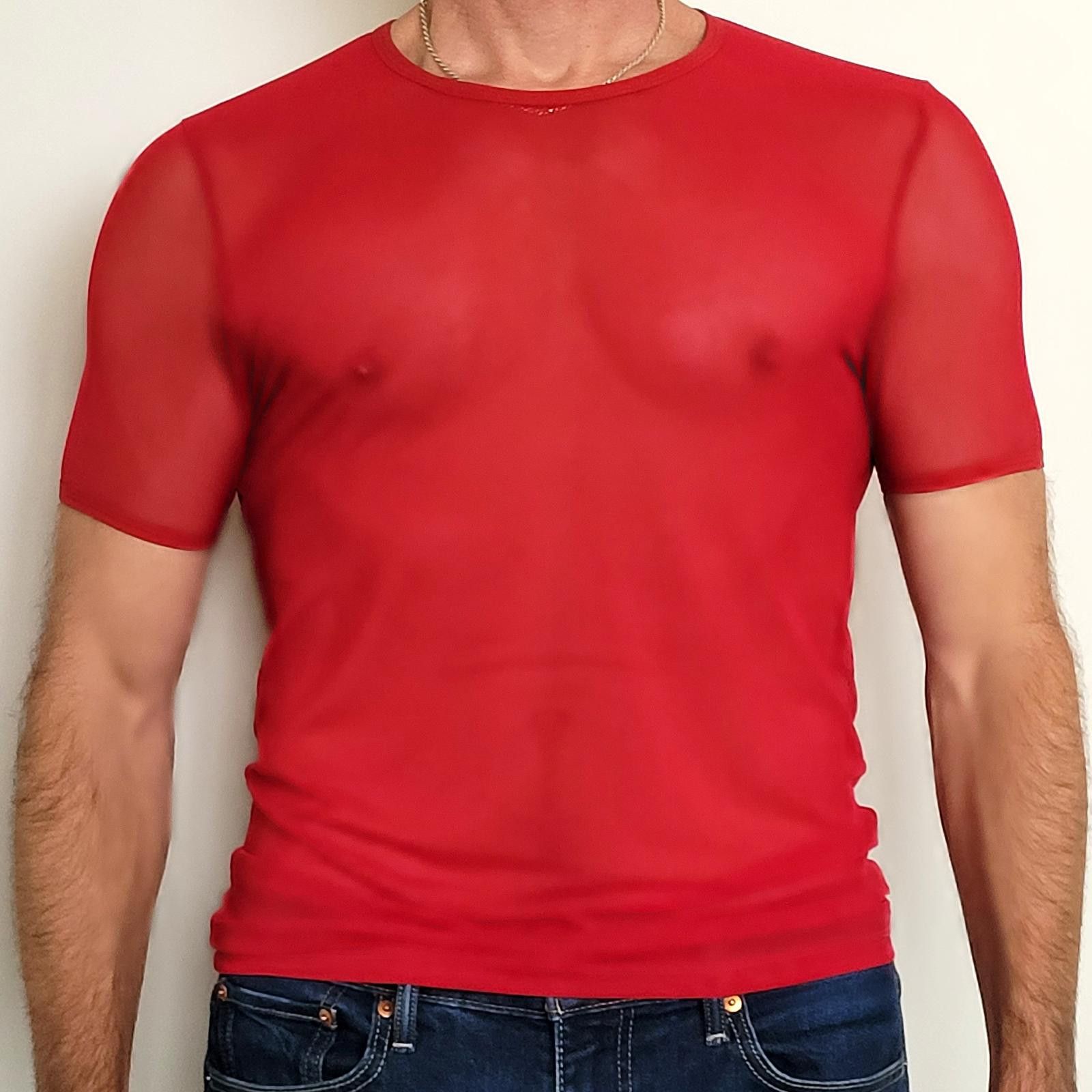 Other Knobs Men's Medium Red Sheer Mesh T-Shirt Stretch Clubwear Size US S / EU 44-46 / 1 - 2 Thumbnail