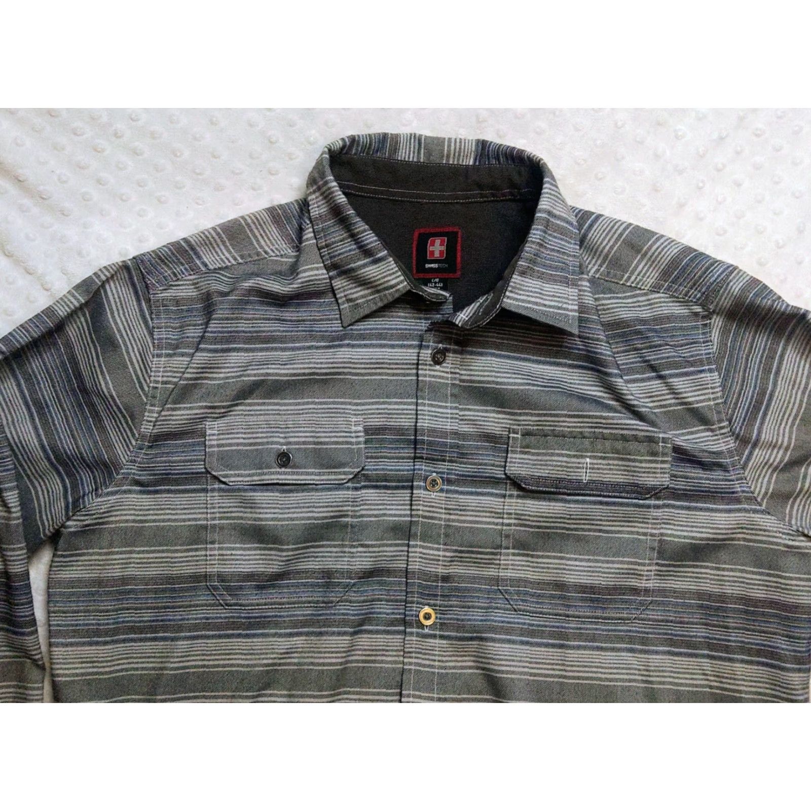 Vintage Swiss Tech Mens Shirt Large 42-44 Button Up Long Sleeve Gray Striped Casual Classic Outdoors Men L Gray Striped Button-Up Shirt Size US L / EU 52-54 / 3 - 4 Thumbnail