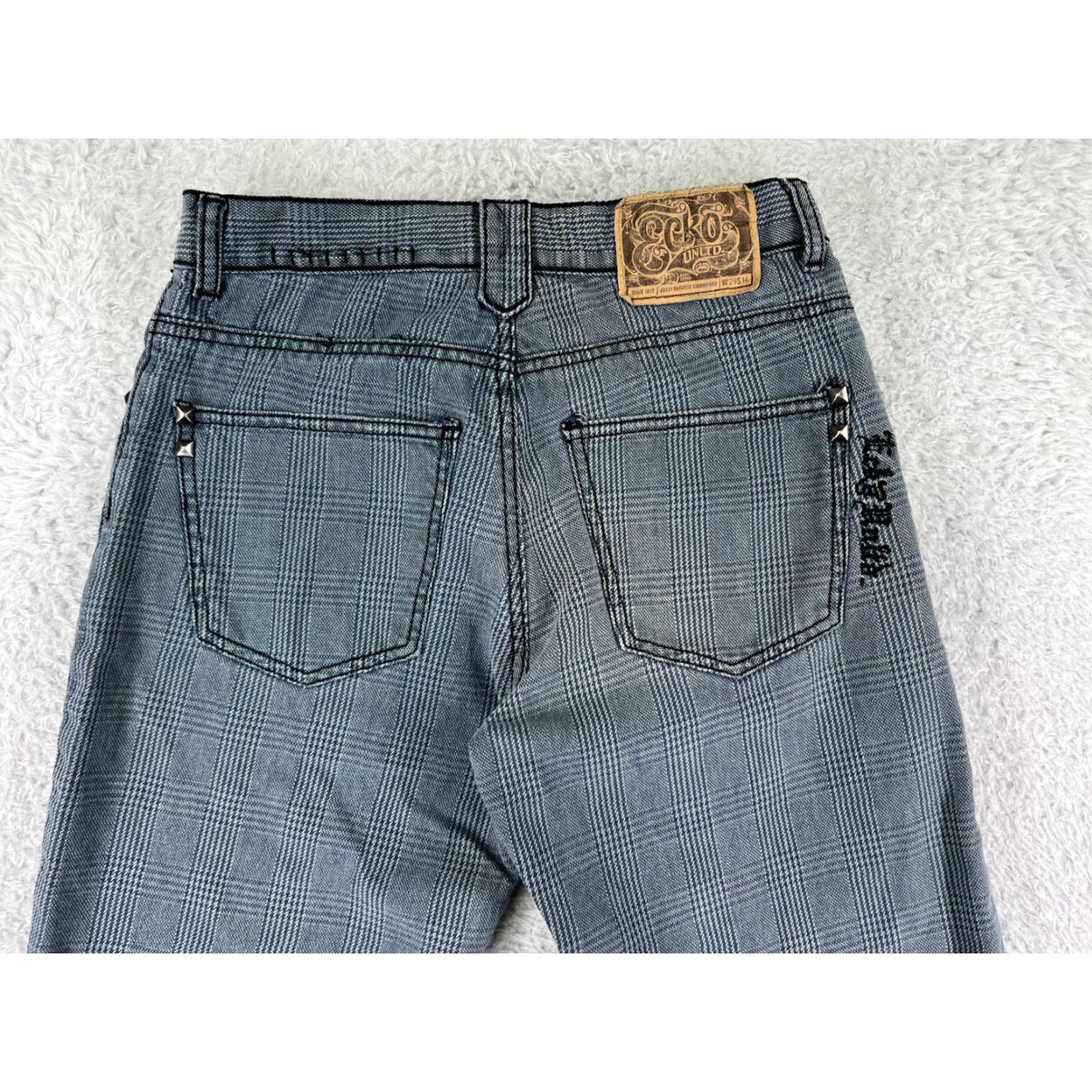 Ecko Unltd. VINTAGE Ecko Unltd. Pants Womens 14 Blue Embroidered Studded Straight Leg Plaid Pattern Jeans Shirt Size 36" / US 14 / IT 50 - 3 Thumbnail