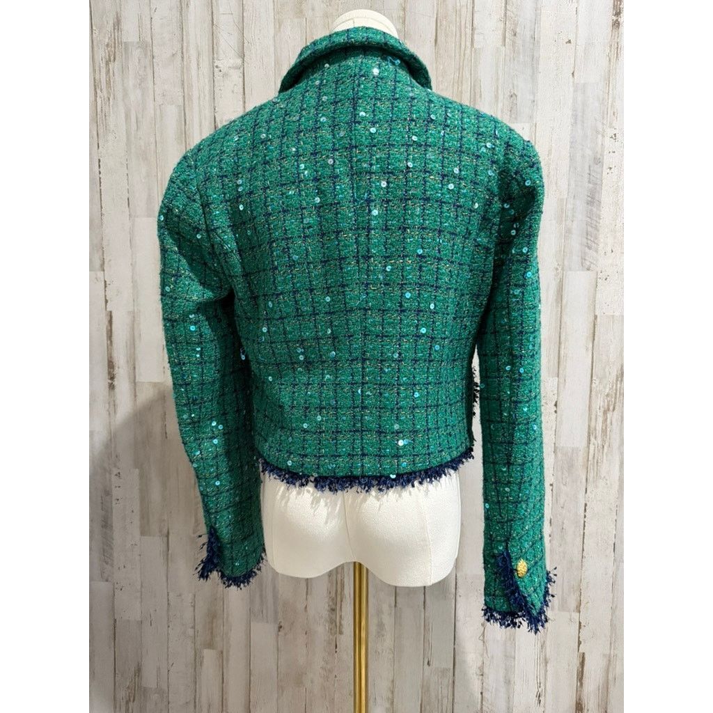 The Unbranded Brand NWT TOCCIN Jacket Womens Size 4 Green Tweed Sequin Cropped Size S / US 4 / IT 40 - 4 Thumbnail