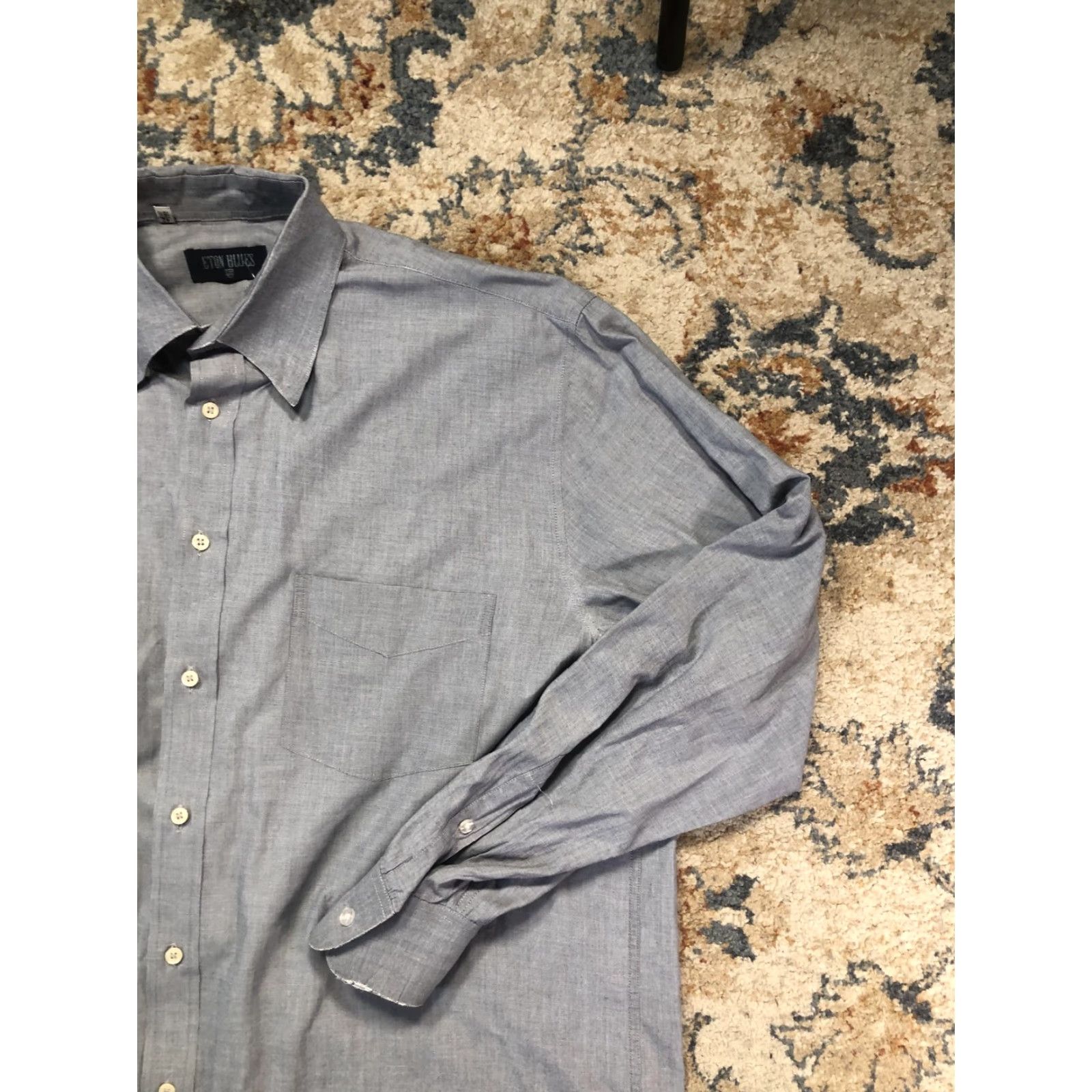 Eton Eton Blues Dress Shirt Mens 16.5 Blue Solid Long Sleeve Button Front Casual Shirt Size US XL / EU 56 / 4 - 4 Thumbnail