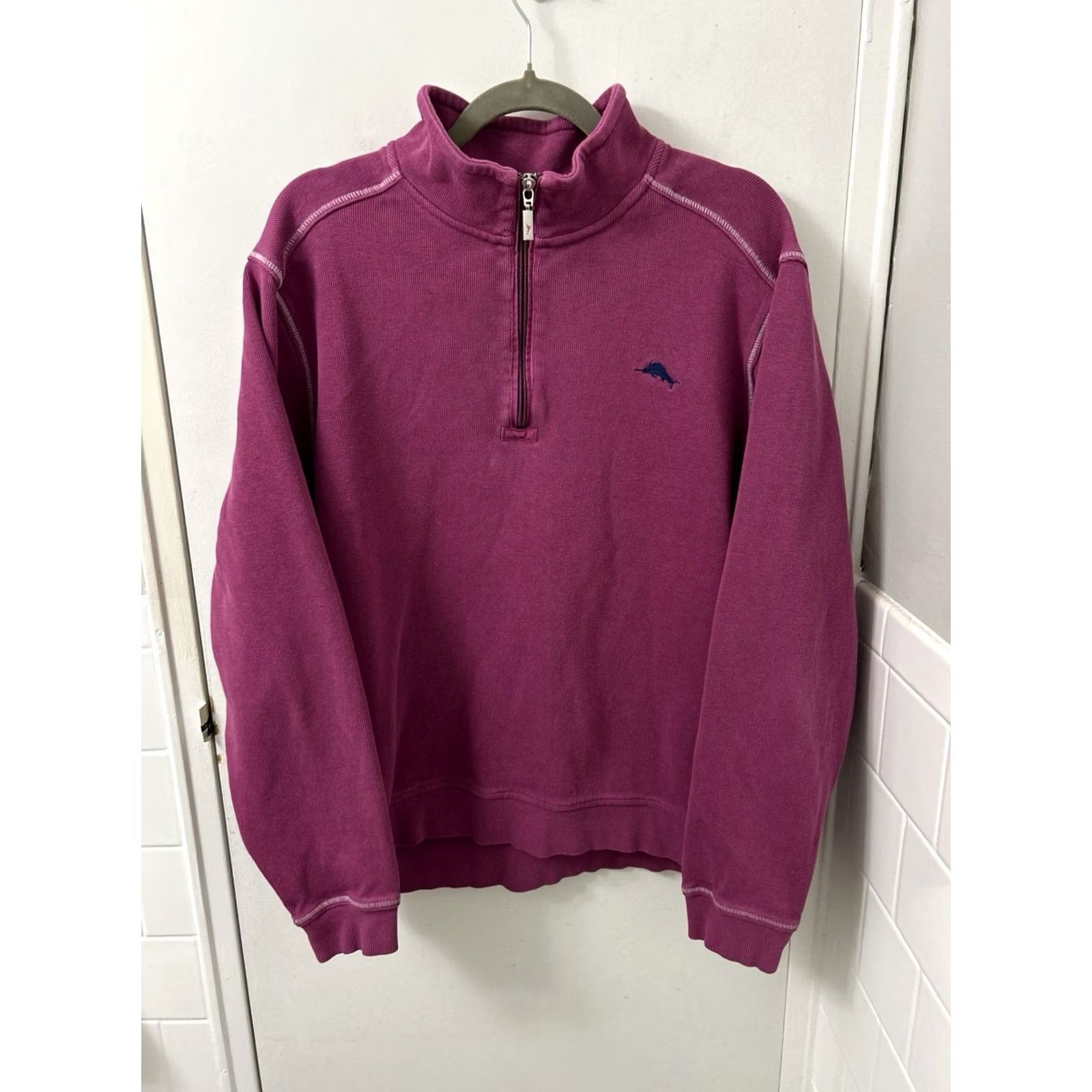 Tommy Bahama Tommy Bahama Pullover 1/4 Zip Mens XL Magenta Pink Cotton Ribbed Mock Neck Logo Embroidered Casual Knit Sweater Size US XL / EU 56 / 4 - 2 Thumbnail