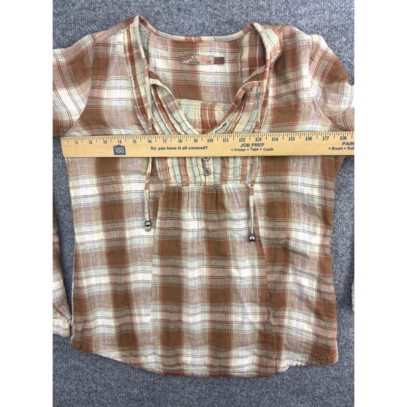 Prana prAna Popover Shirt Women's XS Brown Plaid Button Front Long Sleeve Drawstring Shirt Size XS / US 0-2 / IT 36-38 - 3 Thumbnail