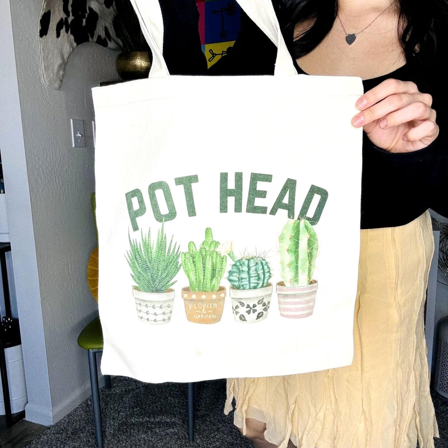 Vintage VINTAGE Pot Head Canvas Plant Tote Bag OS Women Canvas Tote Bag OS Cream Size ONE SIZE - 4 Thumbnail
