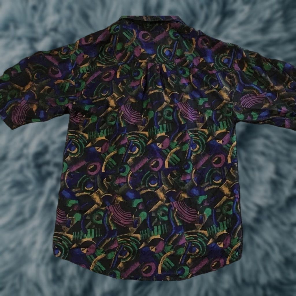 VINTAGE 90s Abstract Art All Over Print Button Up Shirt L Black Men Short Sleeve Silk Ocean Pacific Surf Skate Grunge Vaporwave California 80s 90s