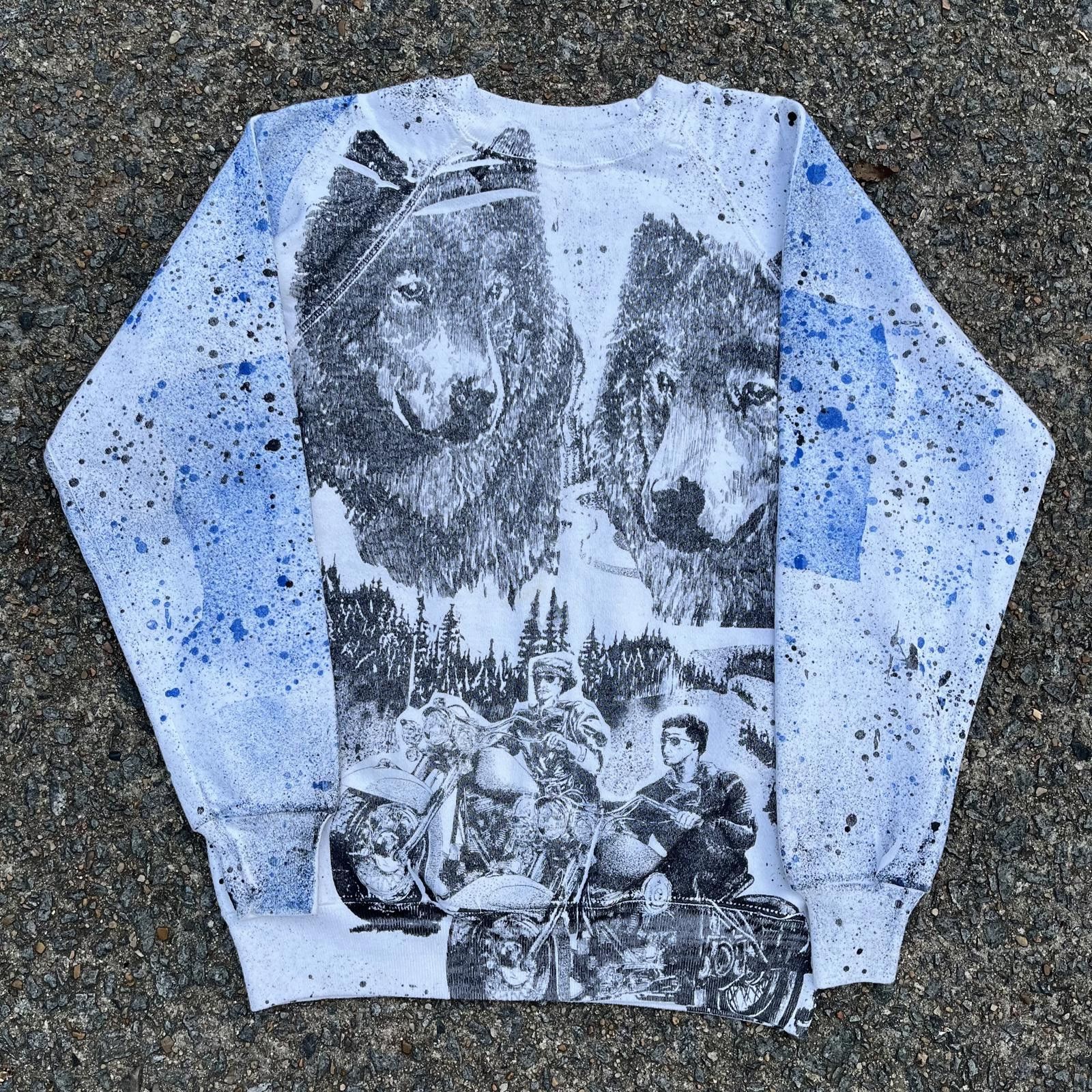 Vintage 90s All Over Print Wolf Motorcycle Nature Sweatshirt
