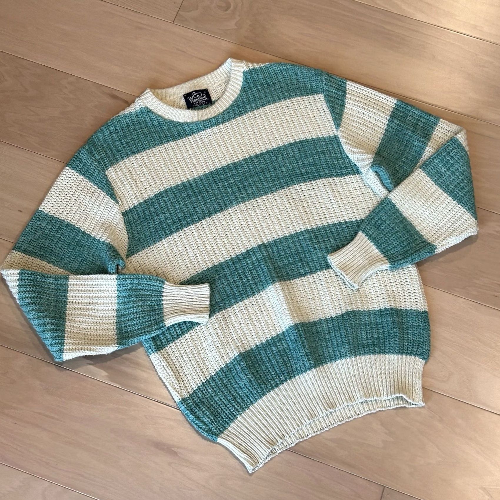 Vintage VINTAGE Woolrich Sweater Striped Chunky-Knit Women's Crew Neck Pullover Casual Winter Teal / Ivory 90s Nautical Logo Long Sleeve Size L Size L / US 10 / IT 46 - 3 Thumbnail