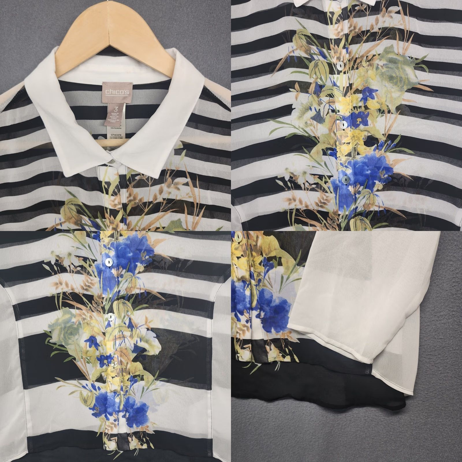 Vintage Chicos Top Womens XL Semi Sheer Long Sleeve Button Up Floral Striped Boho Size XL / US 12-14 / IT 48-50 - 8 Thumbnail