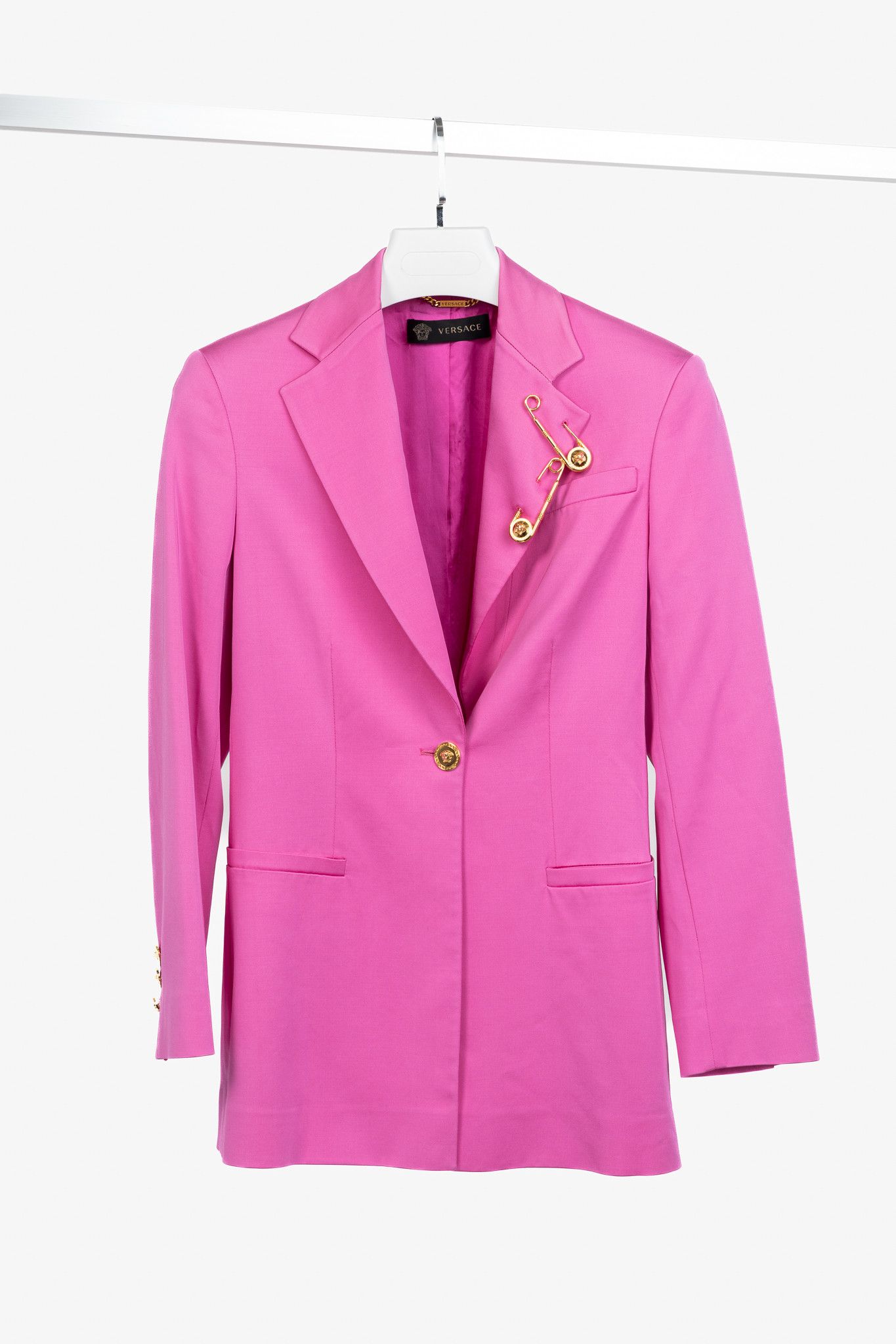 Versace Versace SS20 Fuchsia Satin Safety Pin Detail Blazer Size XS / US 0-2 / IT 36-38 - 1 Thumbnail