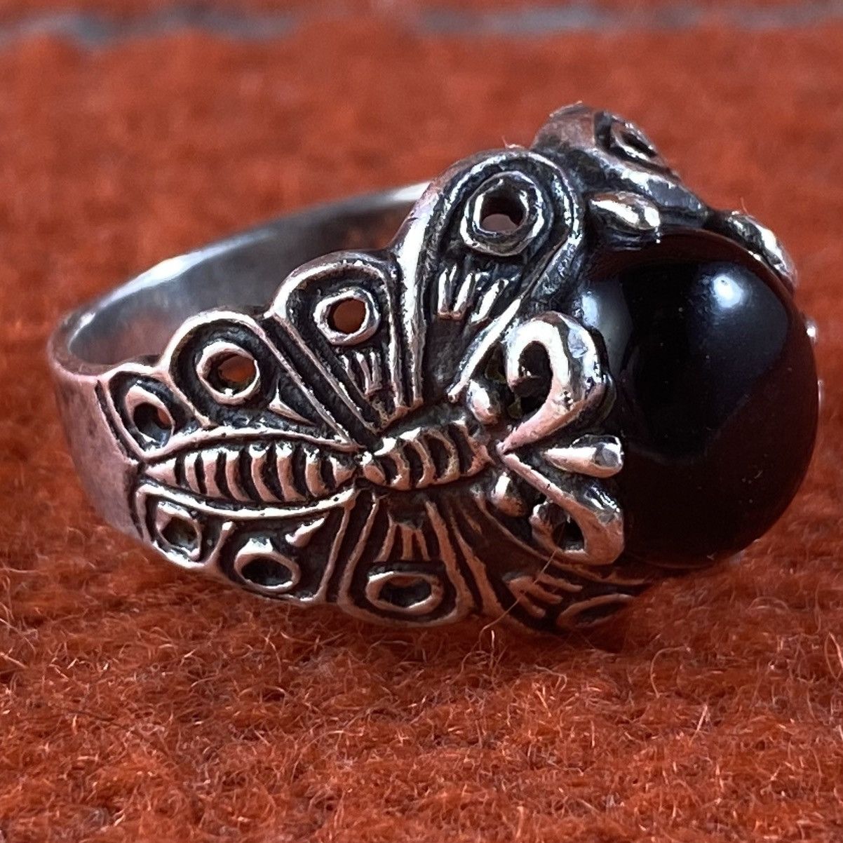 Japanese Brand × Kapital × Vintage Vtg Sterling Silver Black Onyx Chunky Butterfly Signet Ring Size ONE SIZE - 2 Thumbnail