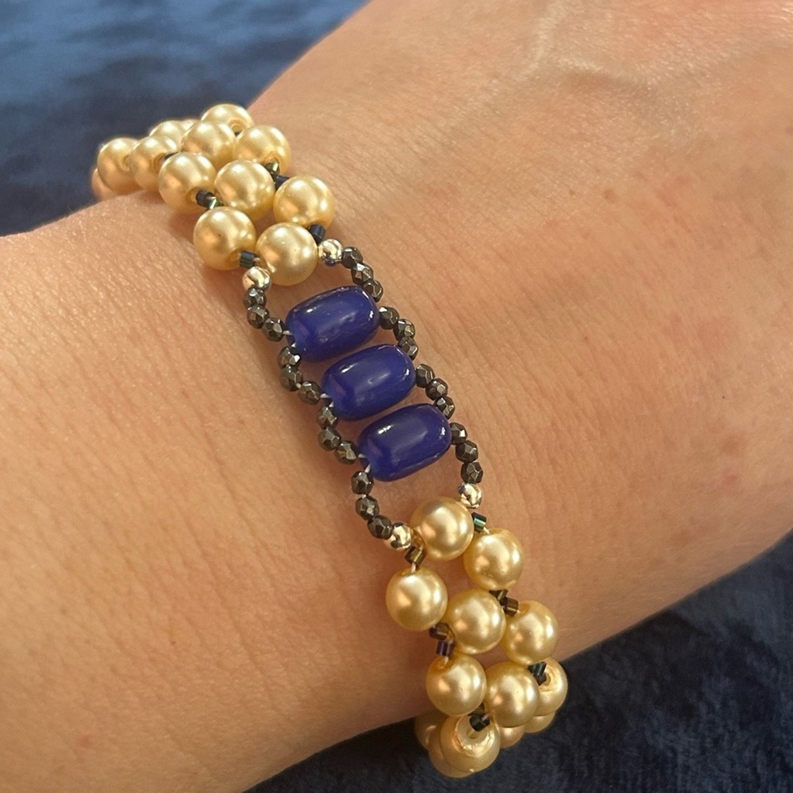 Handmade Handcrafted light champagne Czech glass pearl bracelet Size ONE SIZE - 1 Thumbnail