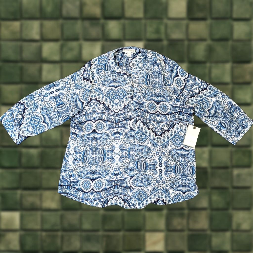 Vintage VINTAGE Dana Buchman Shirt Blouse XL Blue Floral Popover Womens Top NWT Kohl's Size XL / US 12-14 / IT 48-50 - 1 Thumbnail