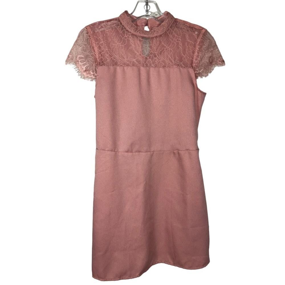 Designer Blush Satin High Neck Lace Dress Size 2 Size XS / US 0-2 / IT 36-38 - 1 Thumbnail