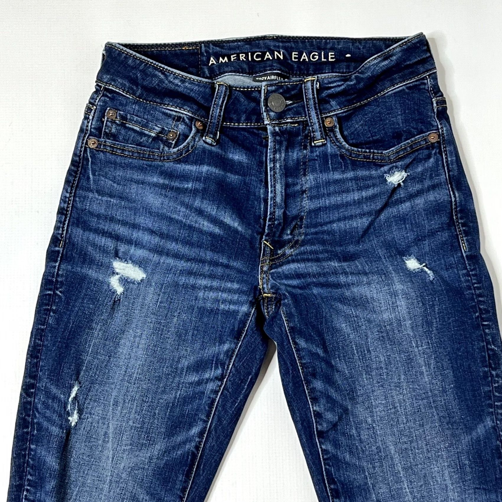 American Eagle Outfitters AE American Eagle Airflex Slim Jeans MEN’S 26x28 Dark Wash Ripped Blue Slim Fit 5-Pocket Denim Pocketed Belt Loops Boys Mens Girls Womens Size US 26 / EU 42 - 3 Thumbnail