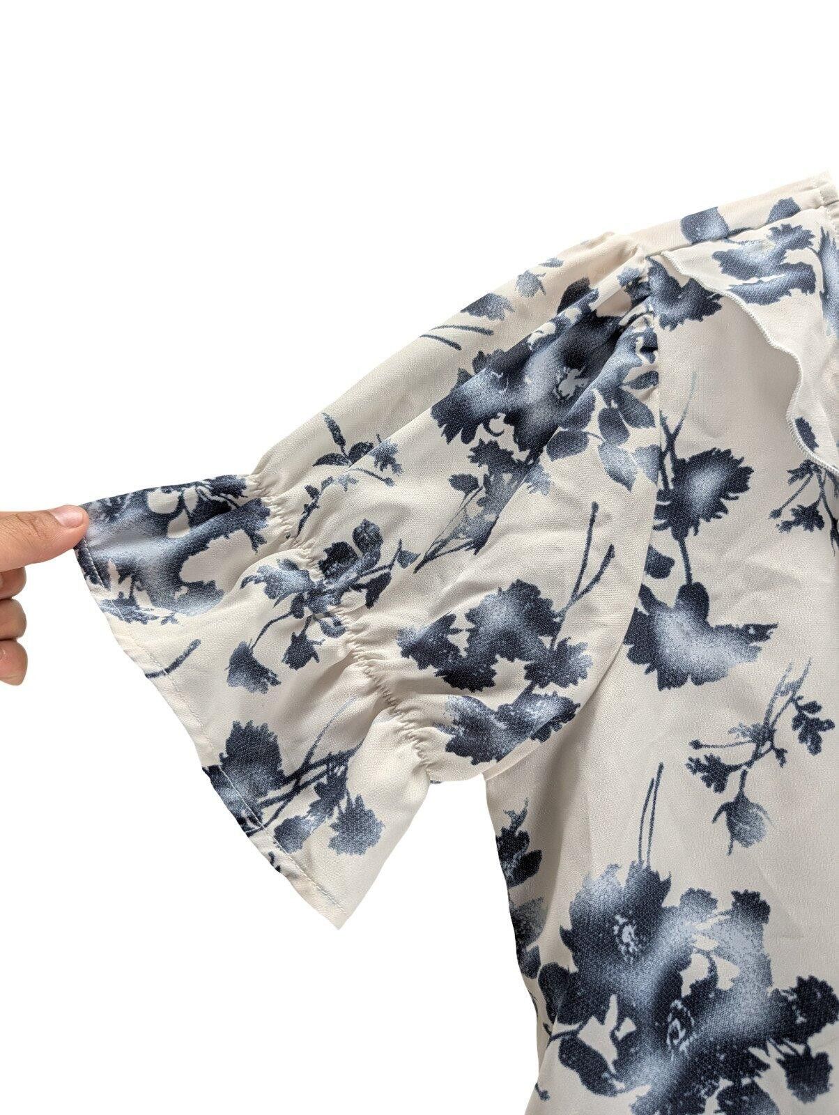 Allegri Allegra K Blouse M Tie Waist Ruffle Sleeve White Blue Floral Size M / US 6-8 / IT 42-44 - 3 Thumbnail