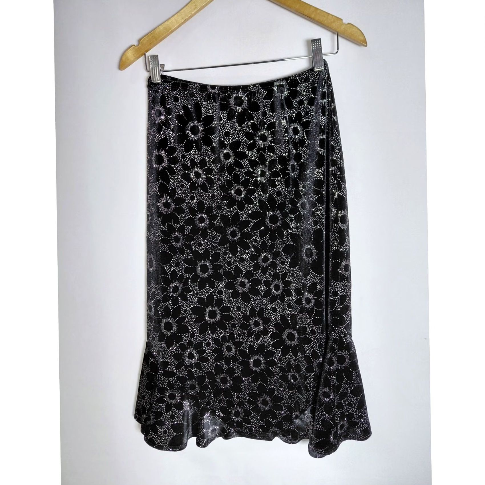 Vintage Notations Black Floral Print Skirt Women Size S Knit A-Line Size 28" / US 6 / IT 42 - 2 Thumbnail