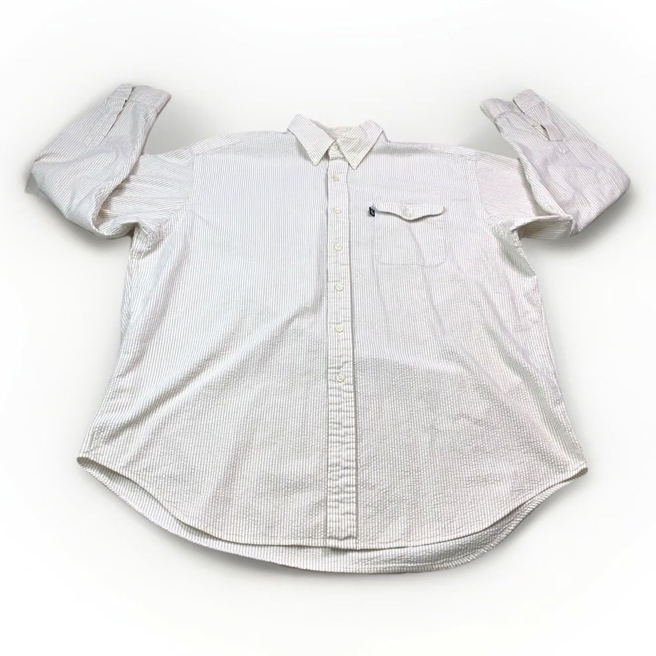 Ralph Lauren VINTAGE Ralph Lauren Creek Button-Down Logo Tag Pocket Front Textured Shirt XL Mens Beige White 90s Button-Up Striped Long Sleeve Cotton Size US XL / EU 56 / 4 - 5 Thumbnail