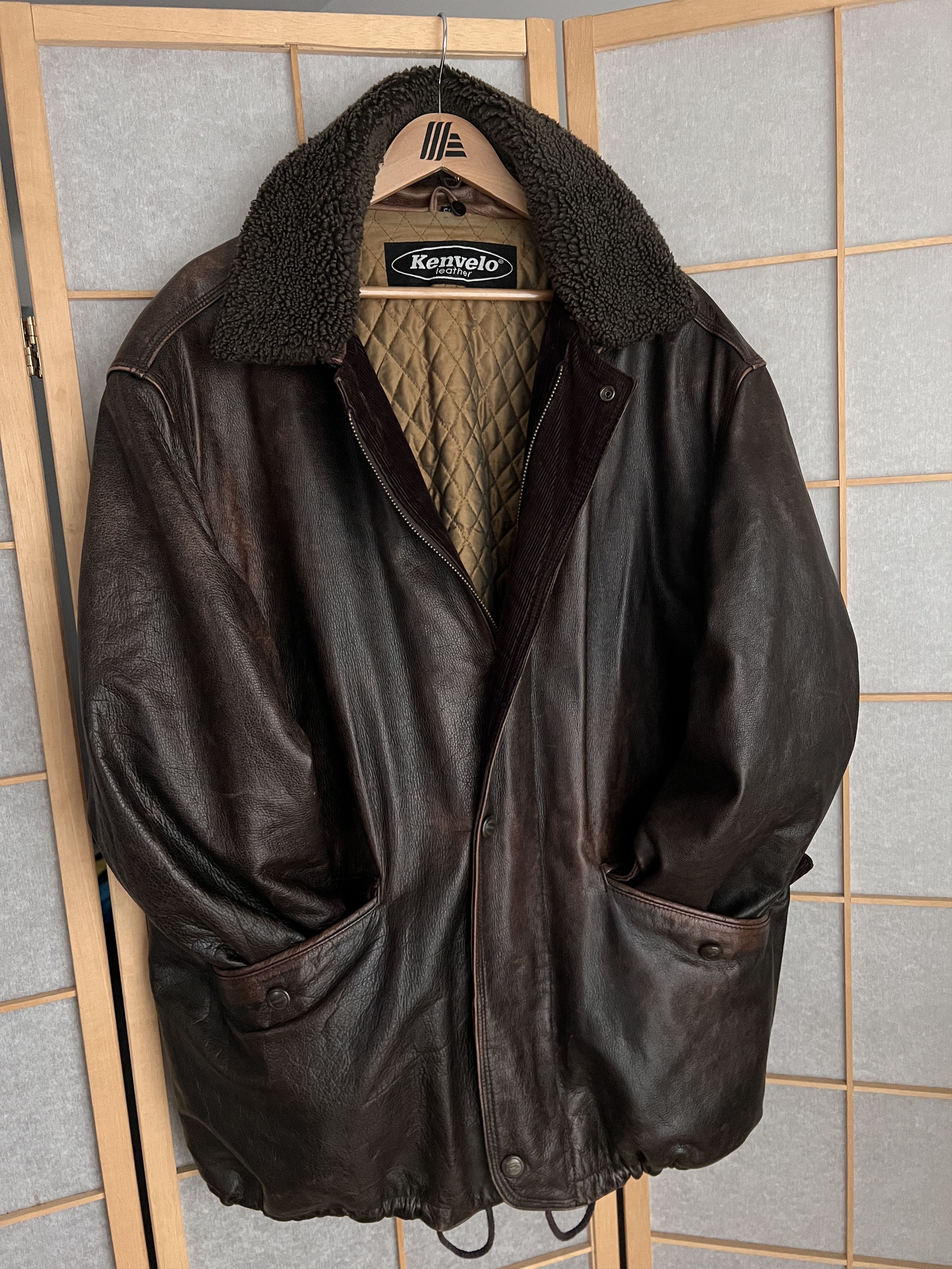 Other Crazy fit! VTG 90s Leather long hard coat jacket fur collar Size US XL / EU 56 / 4 - 8 Thumbnail
