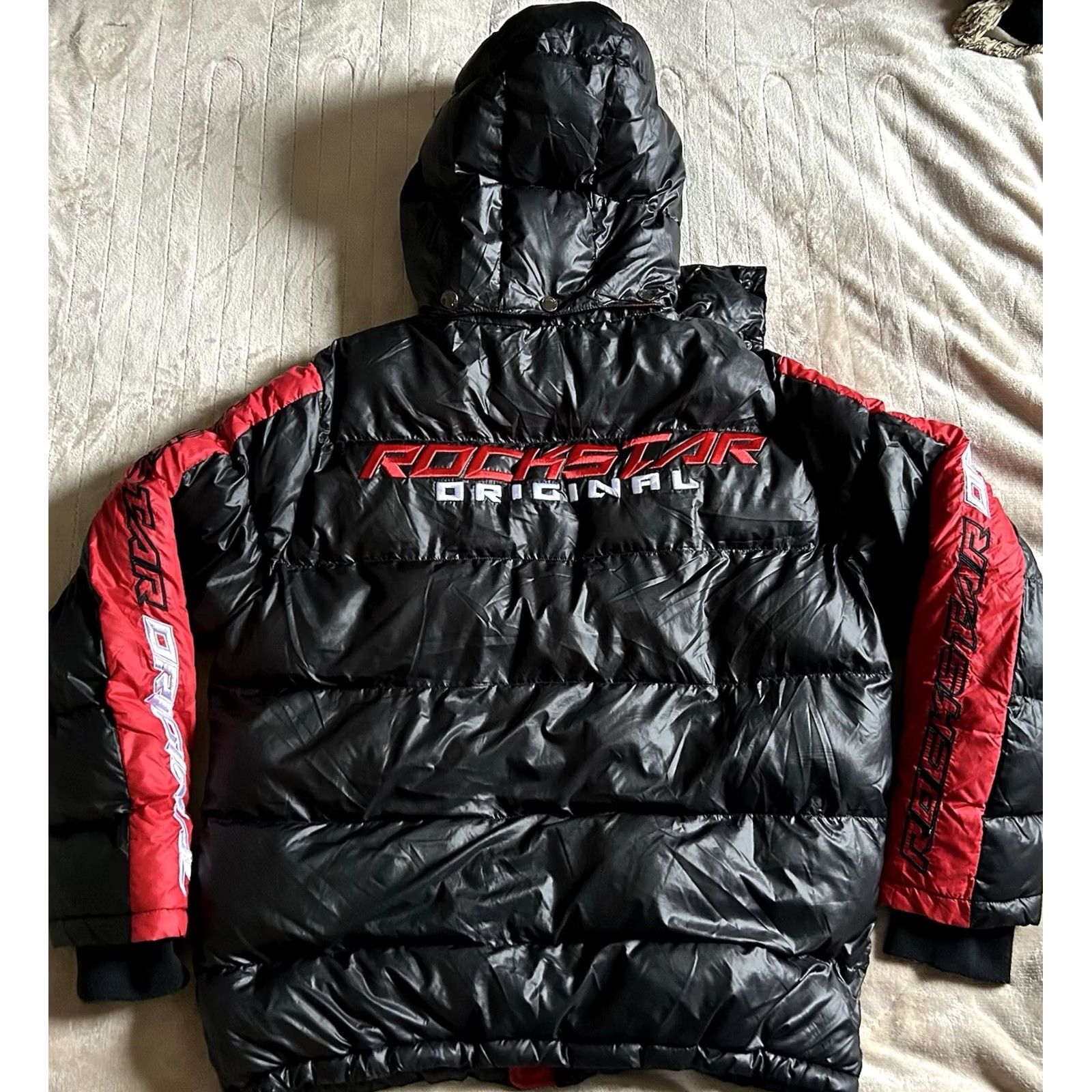Vintage VINTAGE Rockstar Original Black Coat Puffer Jacket Removable Hood Dual Zip Men XL Black Polyester Zip Logo Puffer Jacket Mens XL Size US XL / EU 56 / 4 - 2 Thumbnail