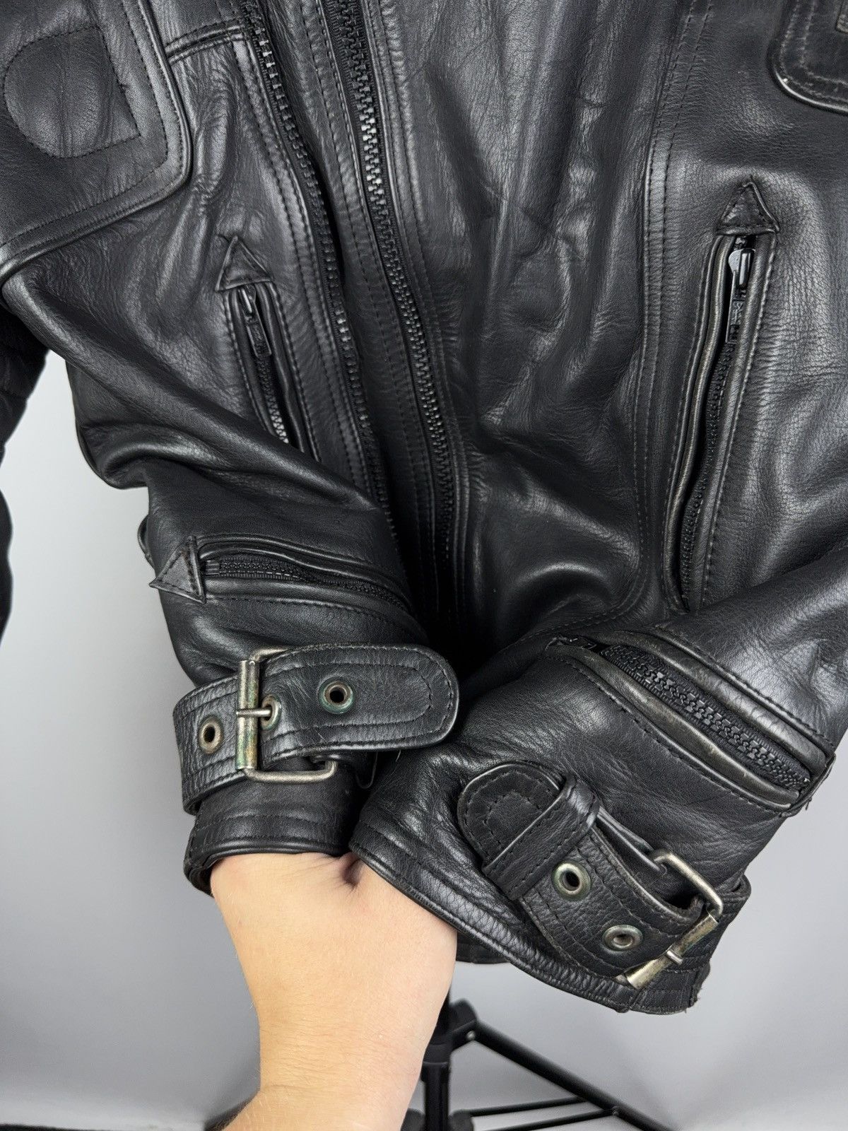 Leather Vntg 00s AKITO Heavy Leather Racing MOTO Bomber Jacket Punk Size US L / EU 52-54 / 3 - 25 Thumbnail