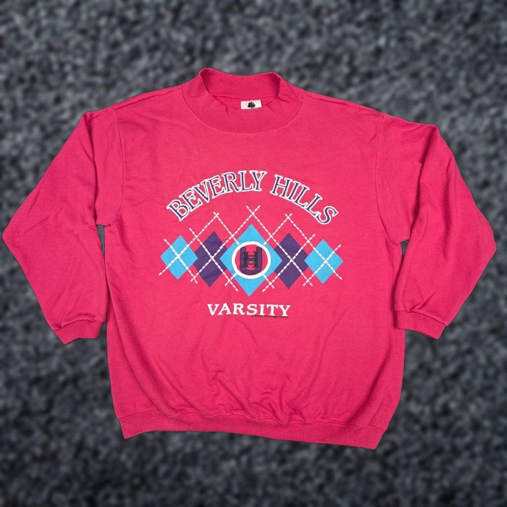 Pinko VINTAGE 1987 Beverly Hills University Pink Pullover Sweatshirt One Size Unbranded Crew Neck Long Sleeve Knit Sweatshirt Unisex Adults 80s 90s Size US M / EU 48-50 / 2 - 1 Thumbnail