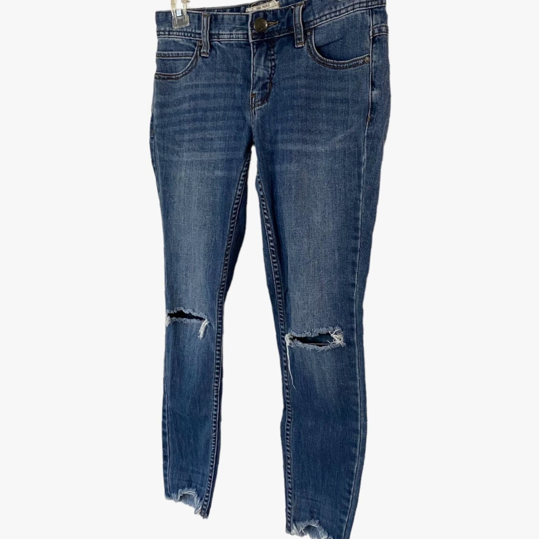 Free People Free People Skinny Jeans Womens 25 Blue Denim Mid Distressed Raw Hem Ankle Cropped Pockets Stretch Cotton Blend Denim 5-Pocket Womens Jeans Size 42" / US 20 - 2 Thumbnail
