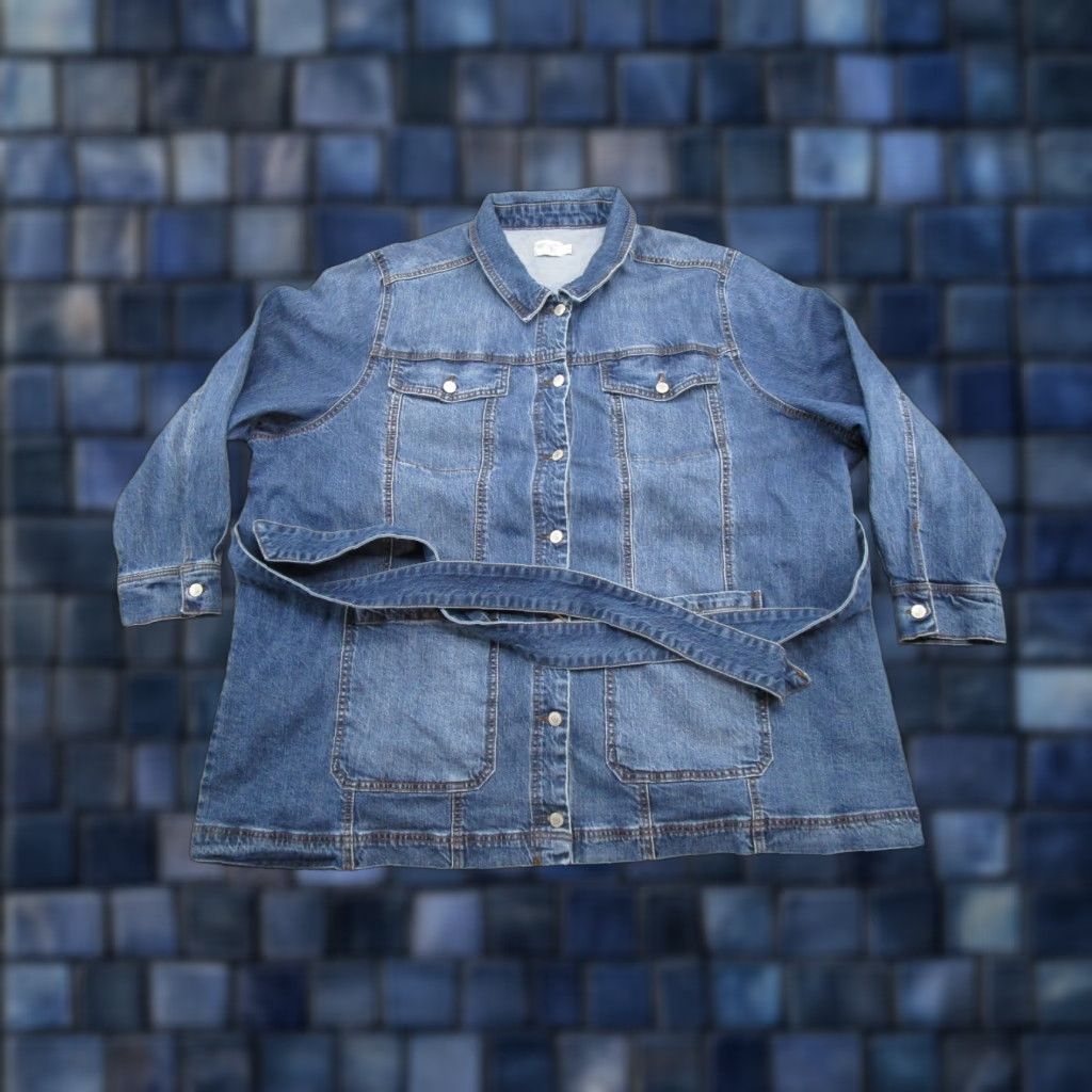 Vintage Terra & Sky Women's Plus Size 3X Belted Denim Jacket Medium Blue Button Down Jacket Long Sleeve Regular Fit Casual Womens 3X City Size XXL / US 16-18 / IT 52-54 - 1 Thumbnail