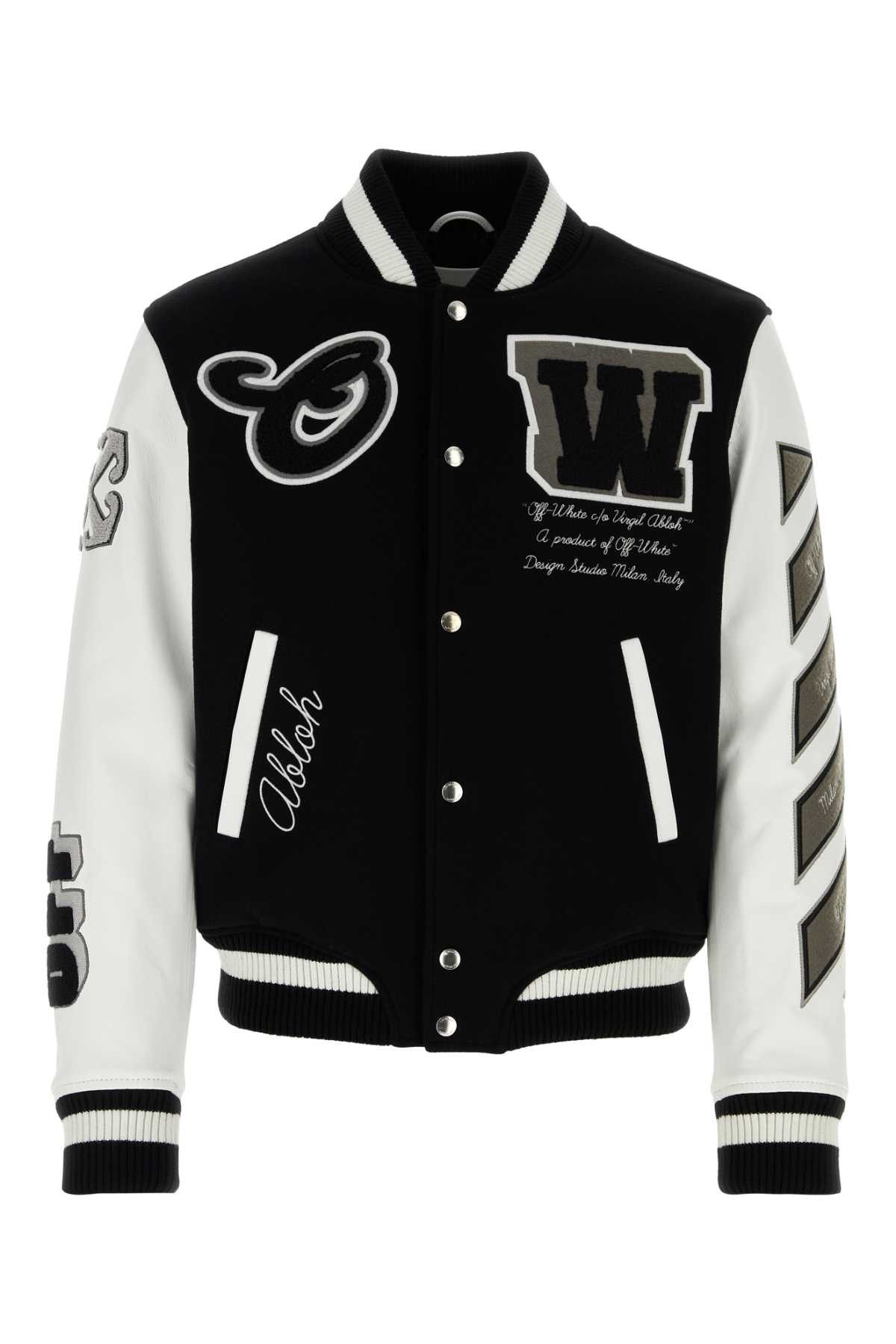 image of Off White Two-Tone Wool Blend And Leather Bomber Jacket, Men's (Size XL)