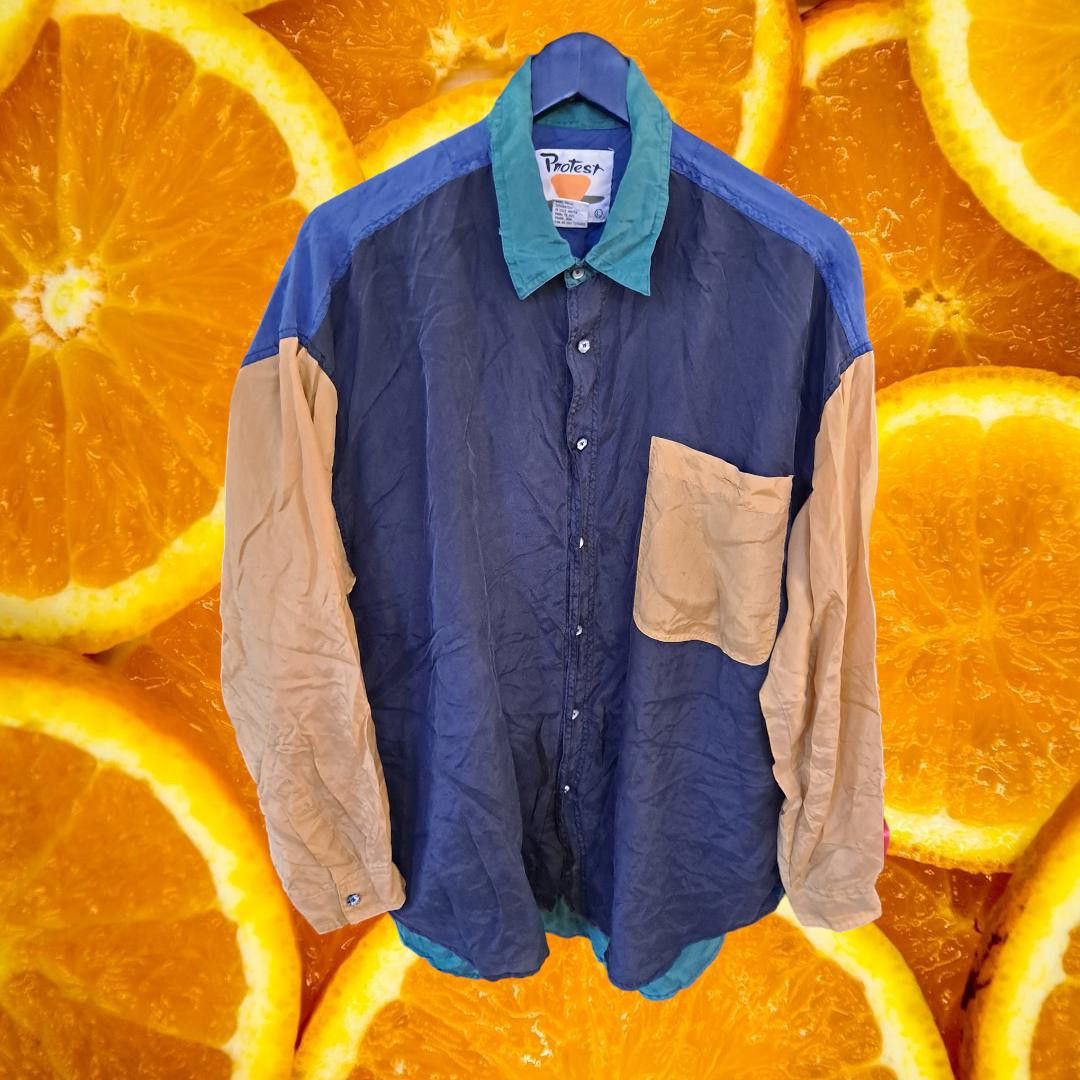 Other Vintage Protest Blue Tan Green 100% Silk Button Up Shirt Siz Size US L / EU 52-54 / 3 - 1 Thumbnail