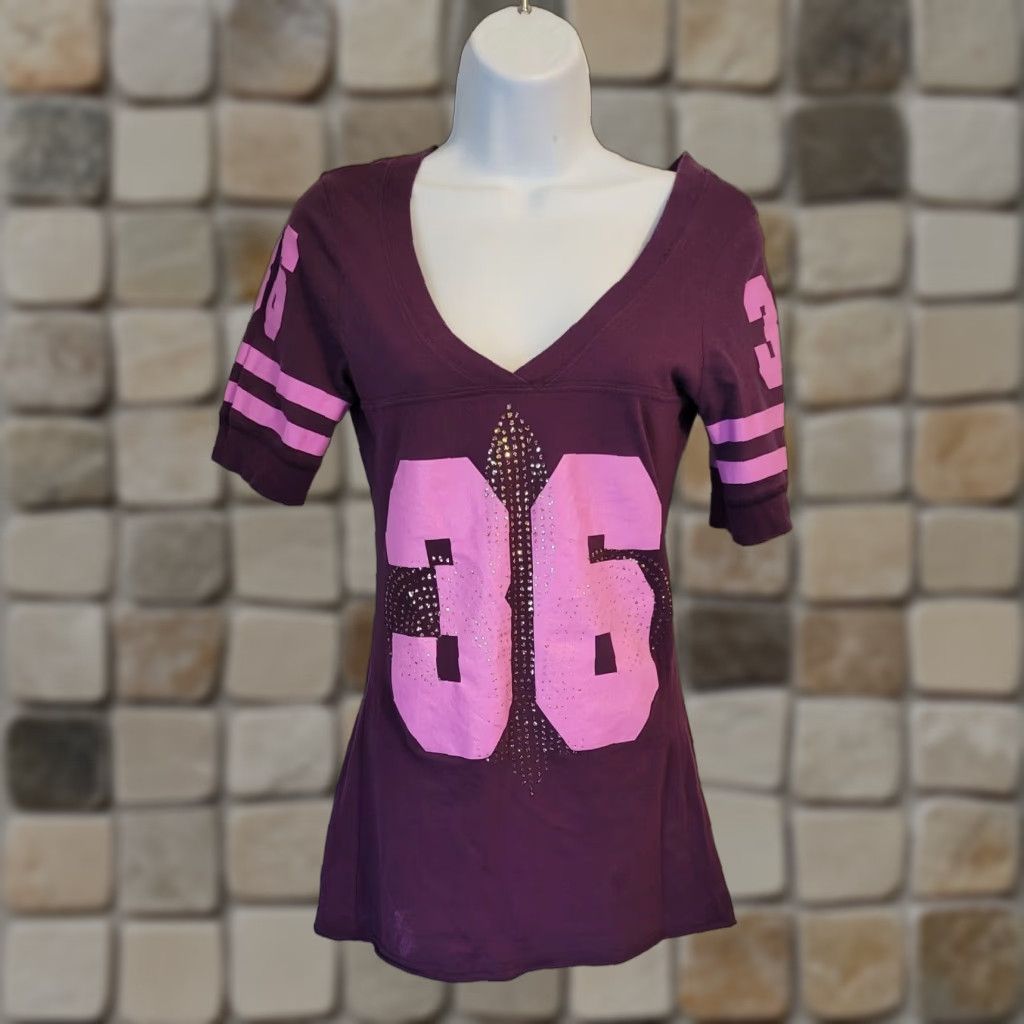 Vintage VINTAGE Wet Seal Tunic Shirt L Juniors Women Purple Sparkle Jersey Top T-Shirt Casual Sleeve V-Neck 100% Cotton Size L / US 10 / IT 46 - 1 Thumbnail