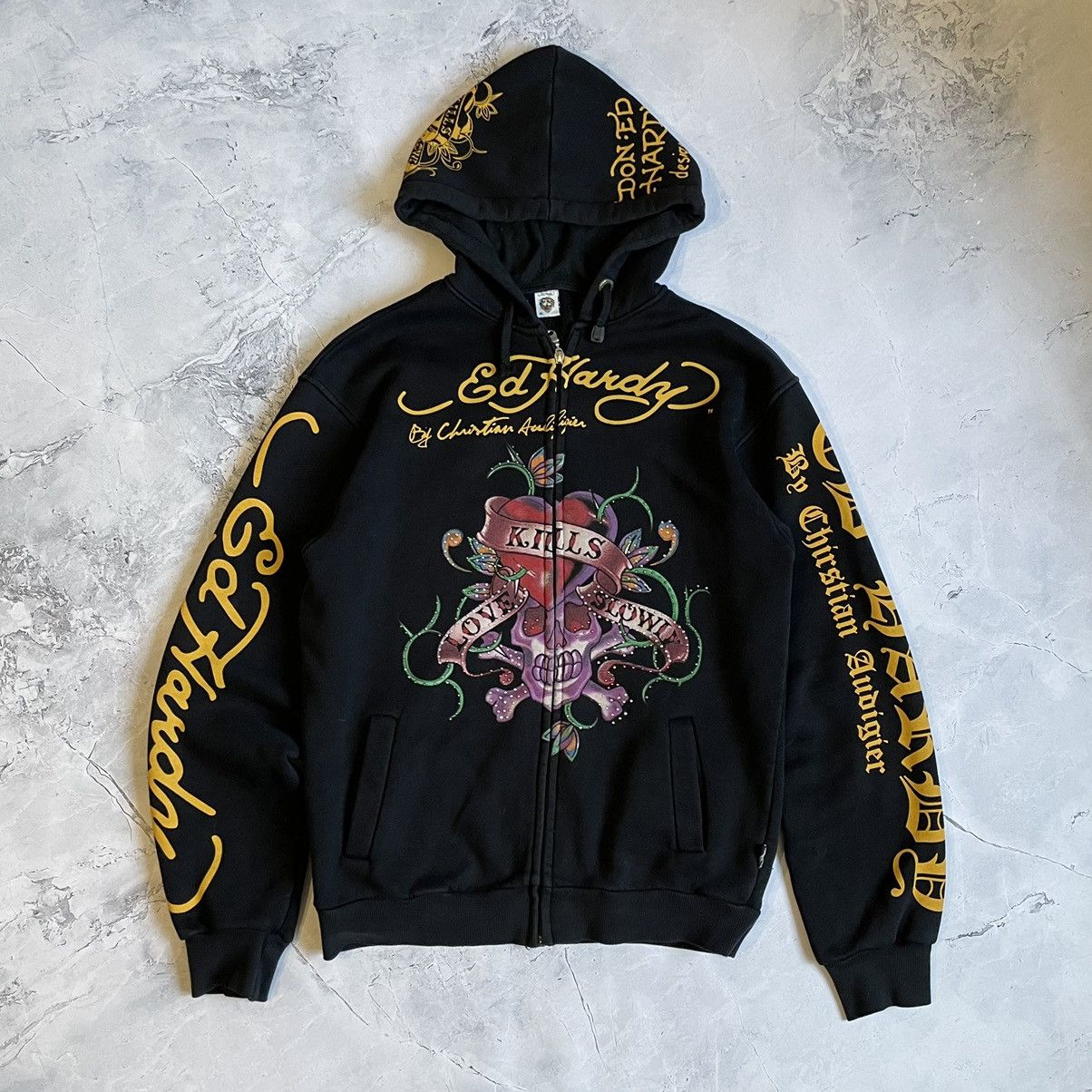 image of Christian Audigier x Ed Hardy Christian Audiger Y2K Vintage Zip Hoodie in Black, Men's (Size Large)