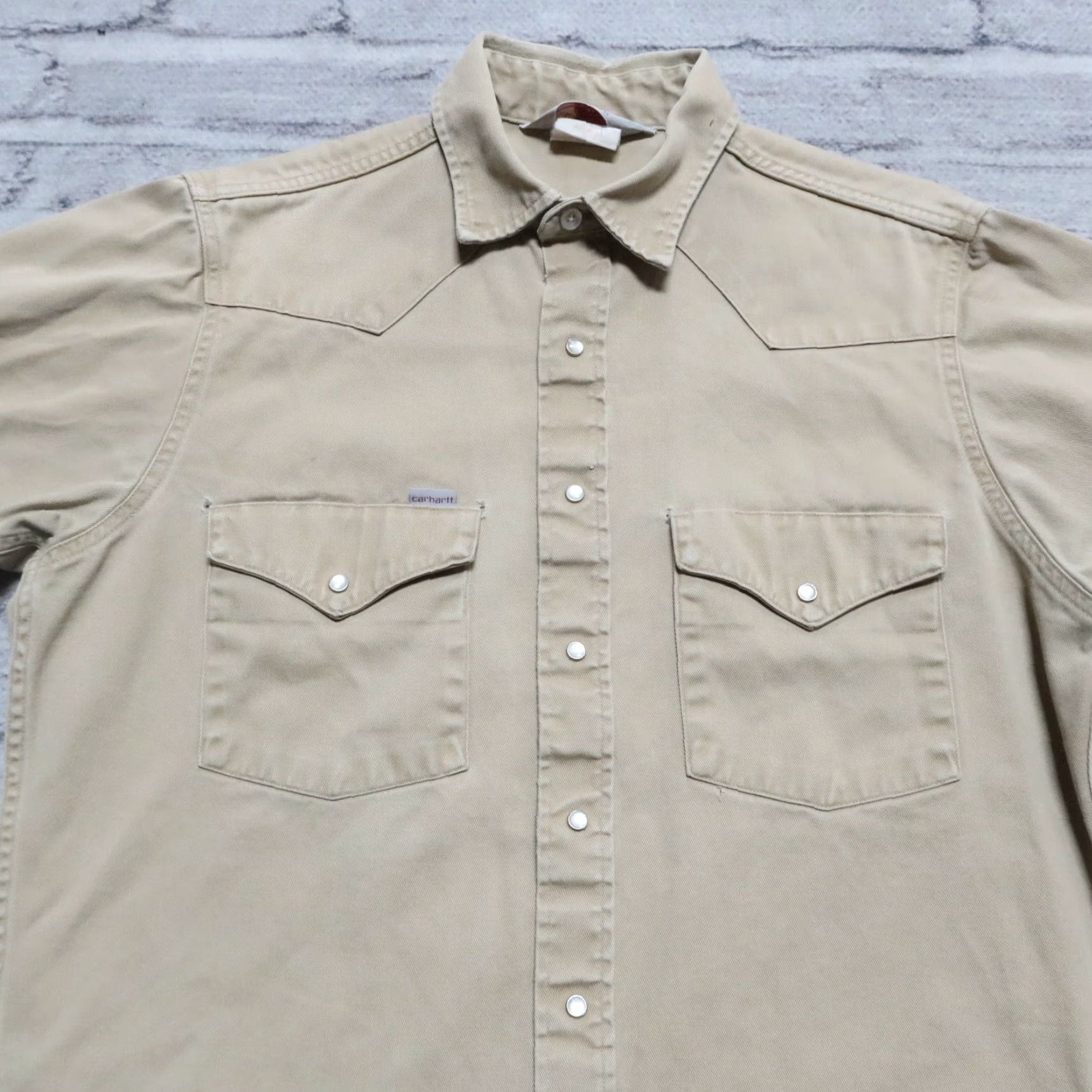 Carhartt VINTAGE Carhartt Distressed Pearl Snap Western Work Shirt Mens Shirt 16 1/2 Tan Size US L / EU 52-54 / 3 - 4 Thumbnail